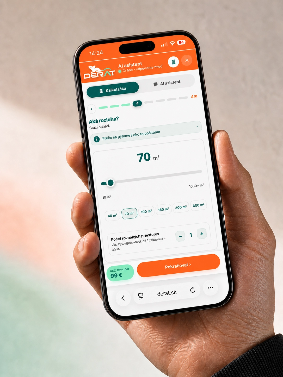 Mobilná ukážka kalkulačky DERAT s nastavením rozlohy 70 metrov štvorcových