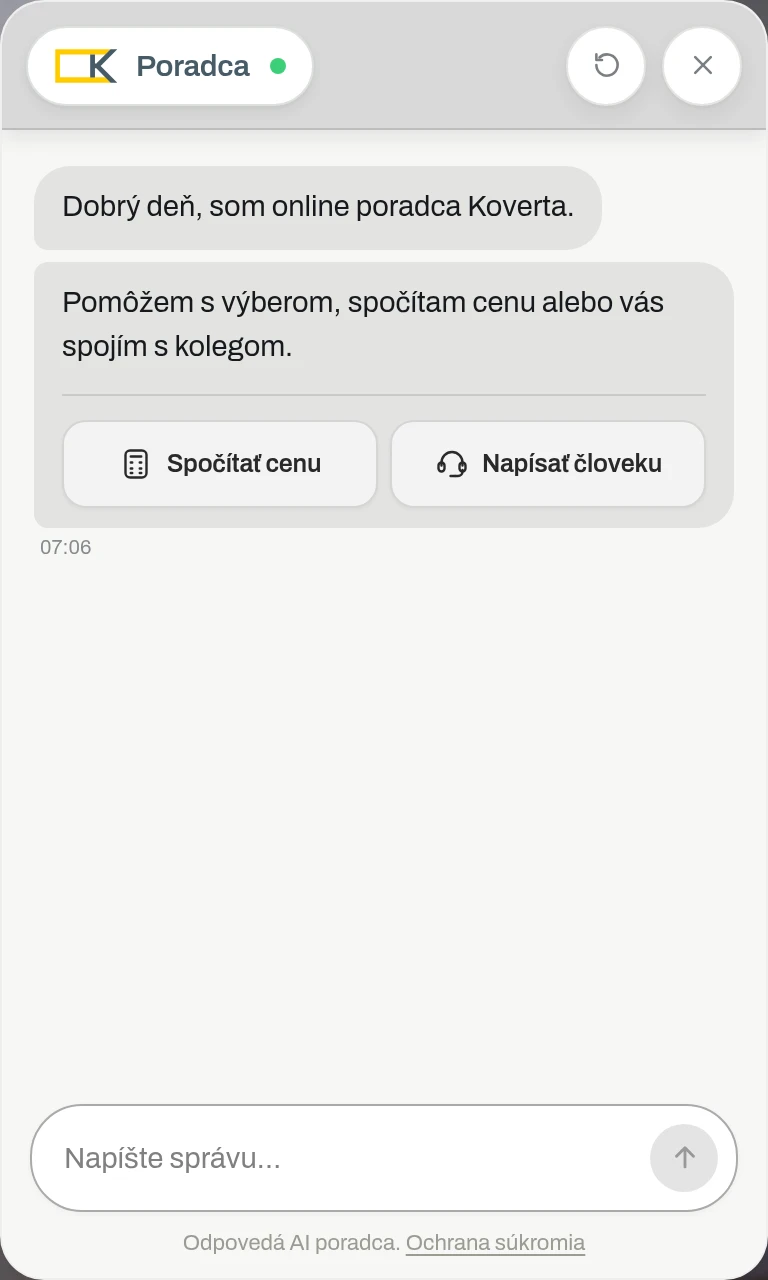 Chatbot Koverta vo svojom reálnom webovom rozhraní