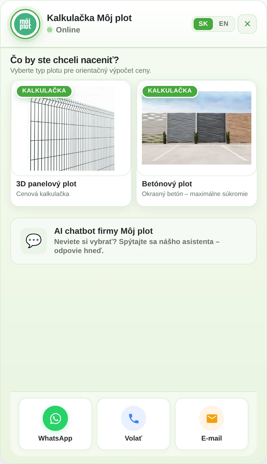Úvodný krok skutočnej kalkulačky Môj Plot bez vypočítanej ceny